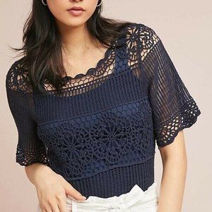 James Coviello Anthropologie Navy Janice Lace Crochet Top S